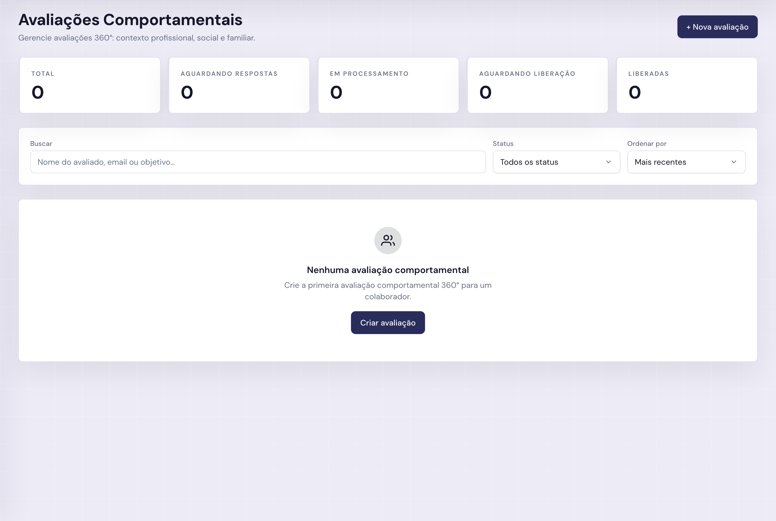 Tela de avaliações comportamentais do Olcen RH