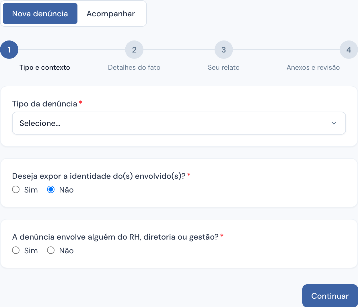 Formulário público do canal de denúncias do Olcen RH, com etapas e opção de não expor identidades
