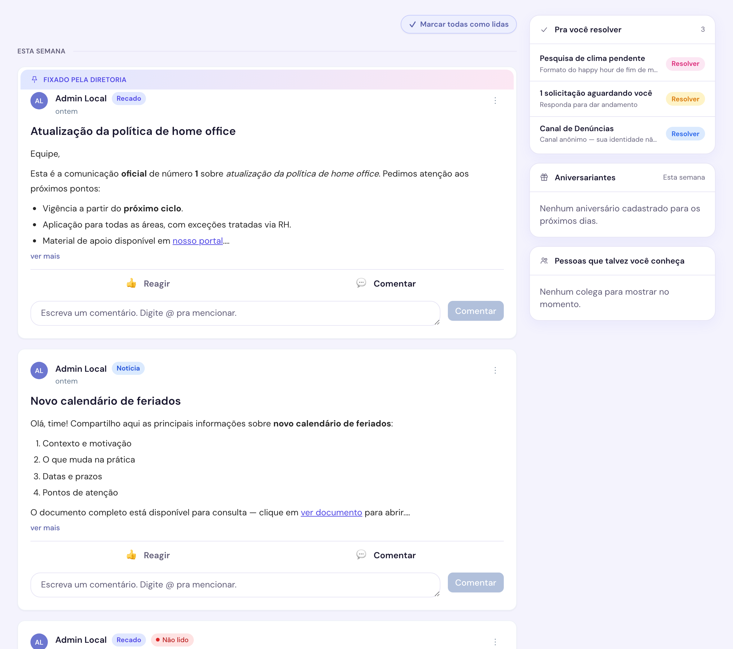 Portal do colaborador do Olcen RH com acesso a ponto, férias, documentos e solicitações